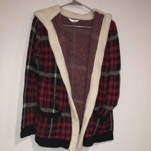 No Boundaries Red & Black Buffalo Plaid sweater with Sherpa lined hood